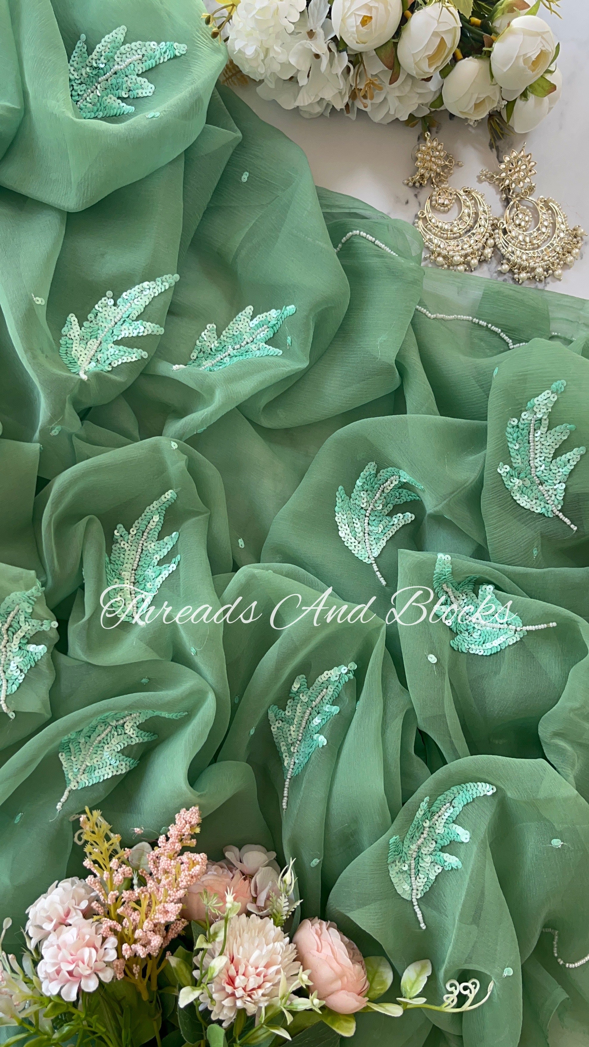 Sage Green Leaf Motif Saree