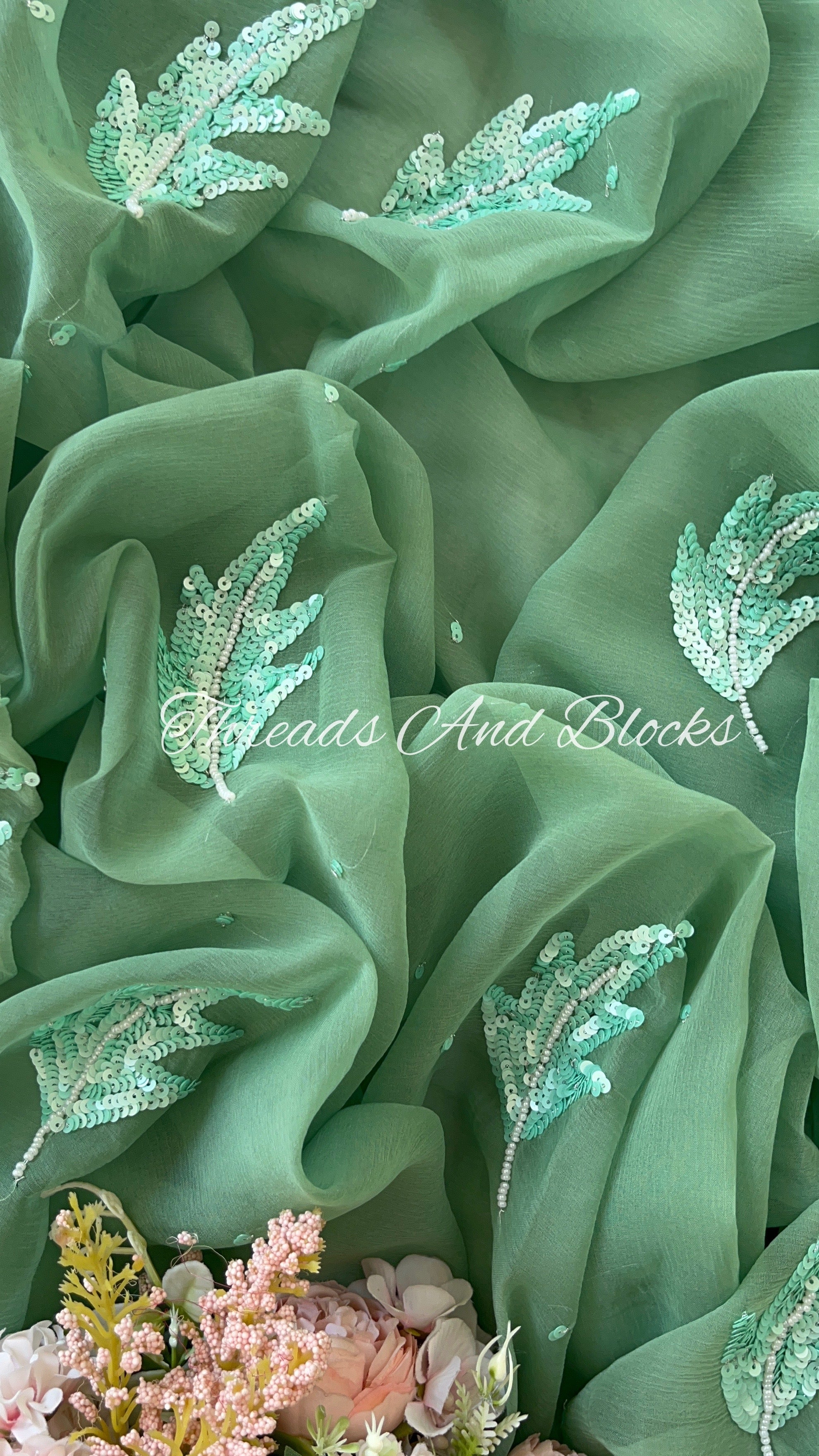 Sage Green Leaf Motif Saree