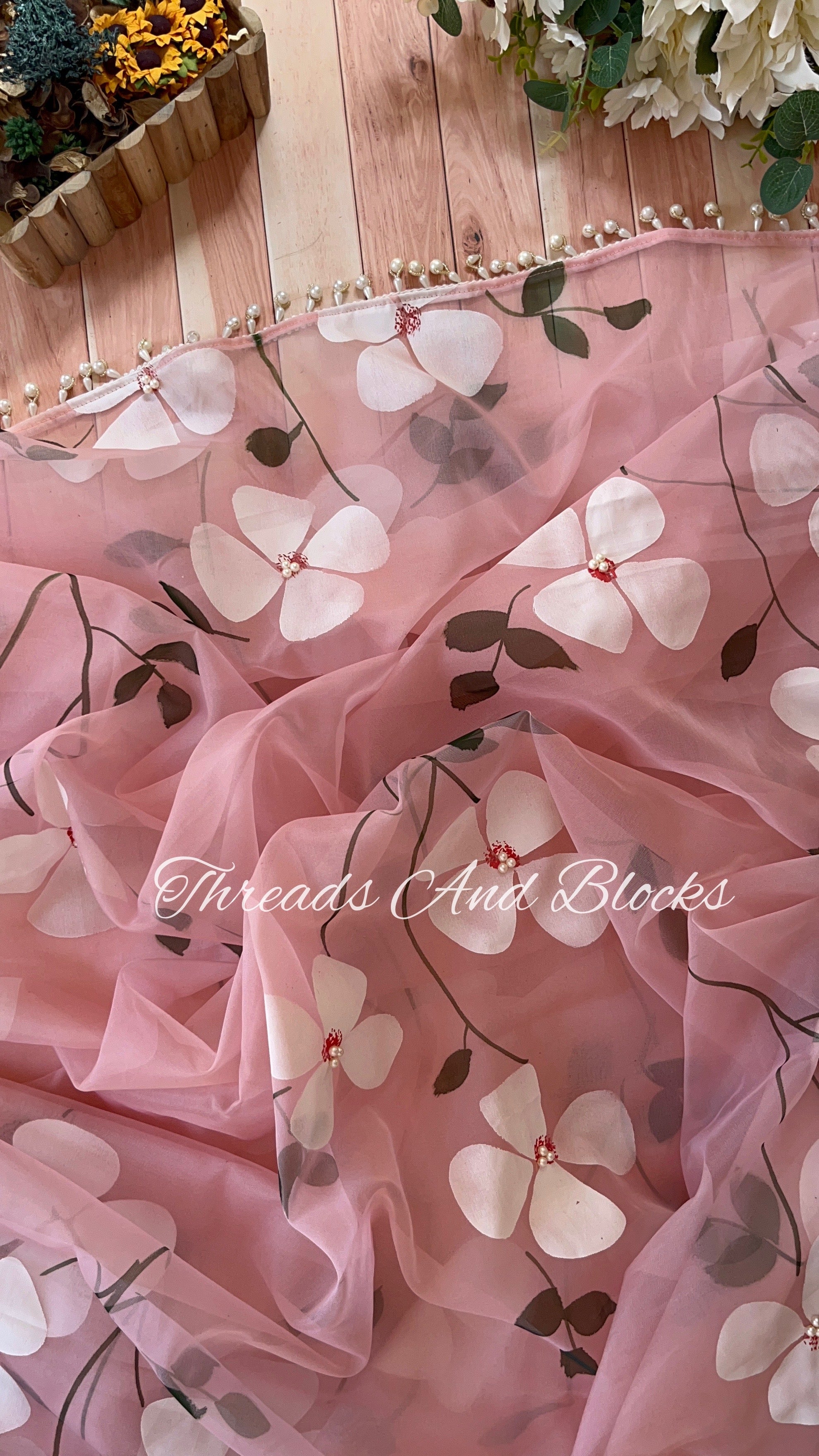 Organza Hibiscus Saree with Pearls