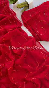 Cherry Red Monotone Sequin Jaal Saree