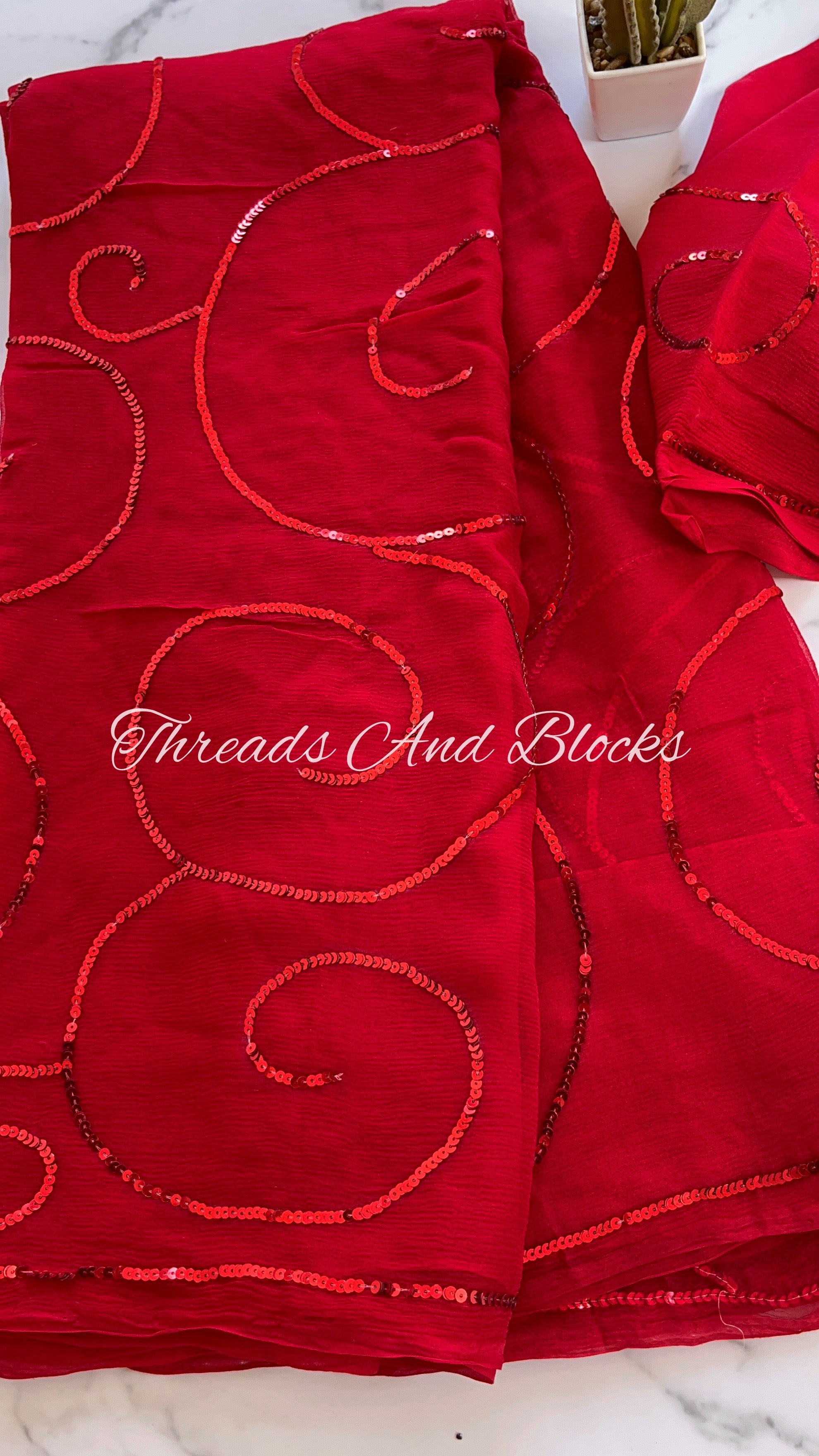 Cherry Red Monotone Sequin Jaal Saree