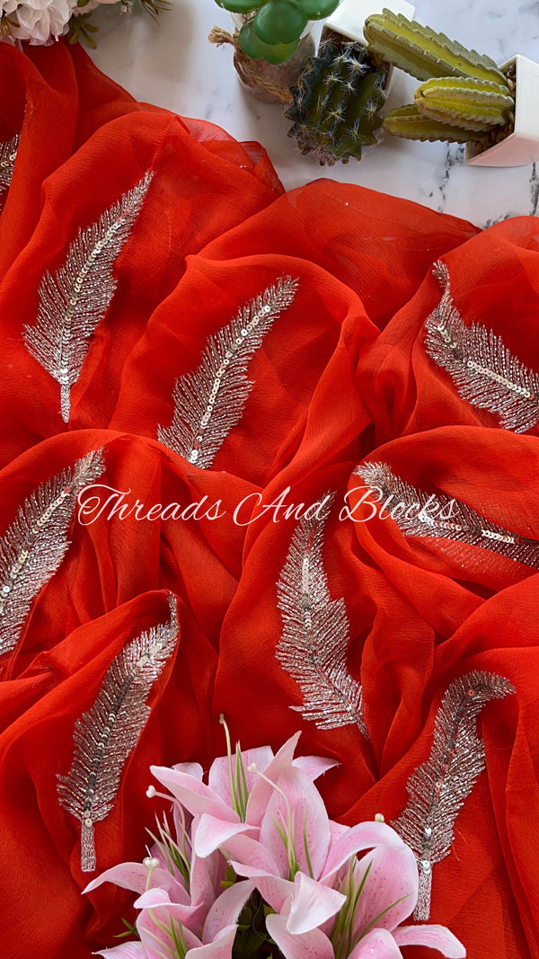 Pop Orange Cutdaana Leaf Saree