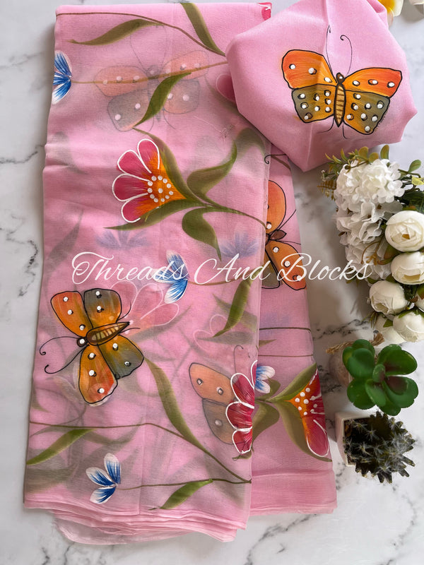Butterflies in Garden Hand Painted Saree