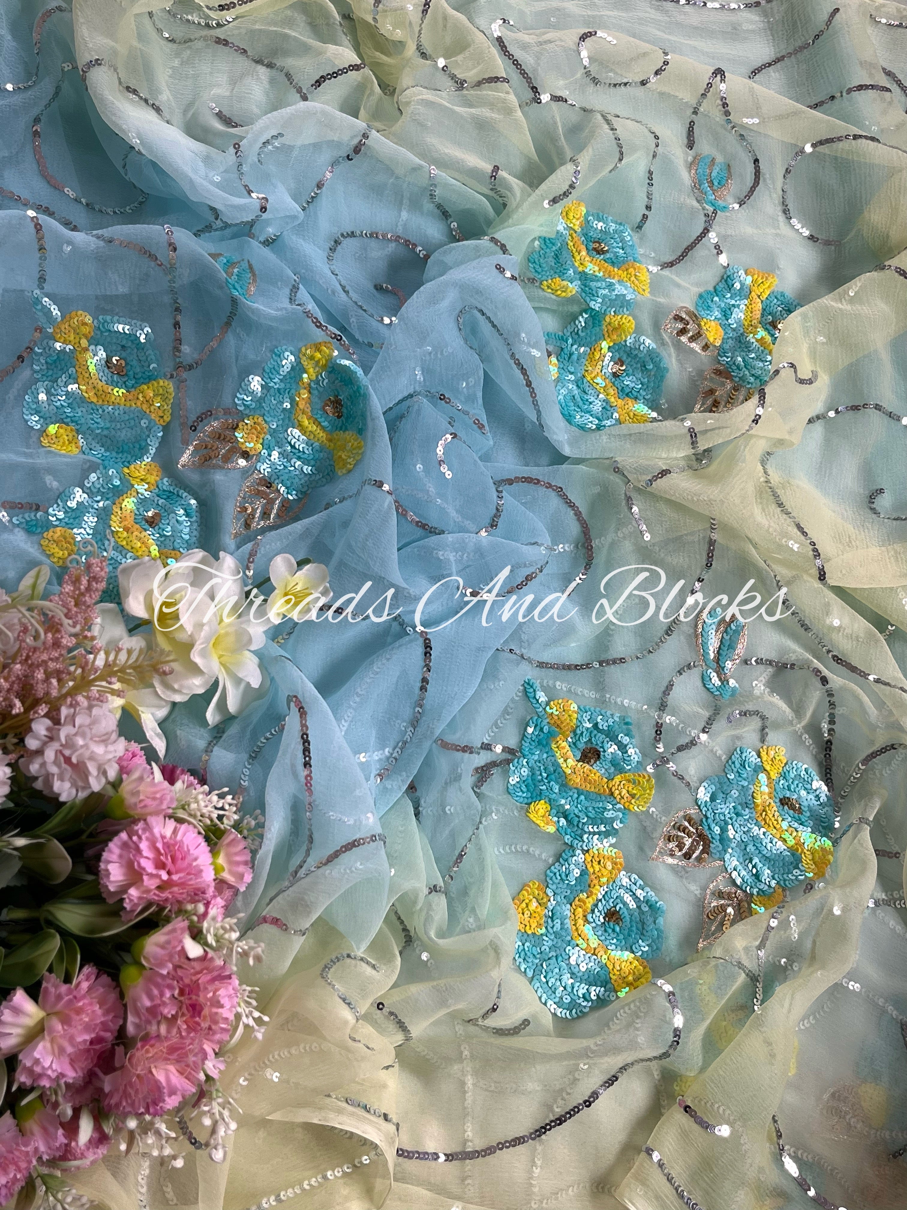 Soft Blue and Lemon Rose Jaal Saree