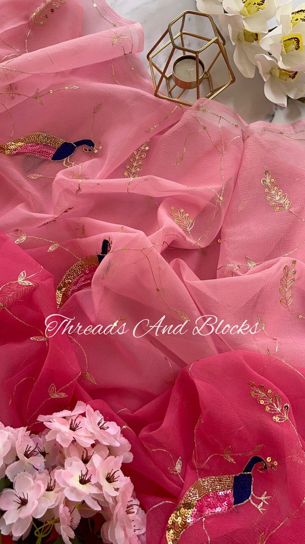 Shaded Pink Jaal Saree with Peacocks