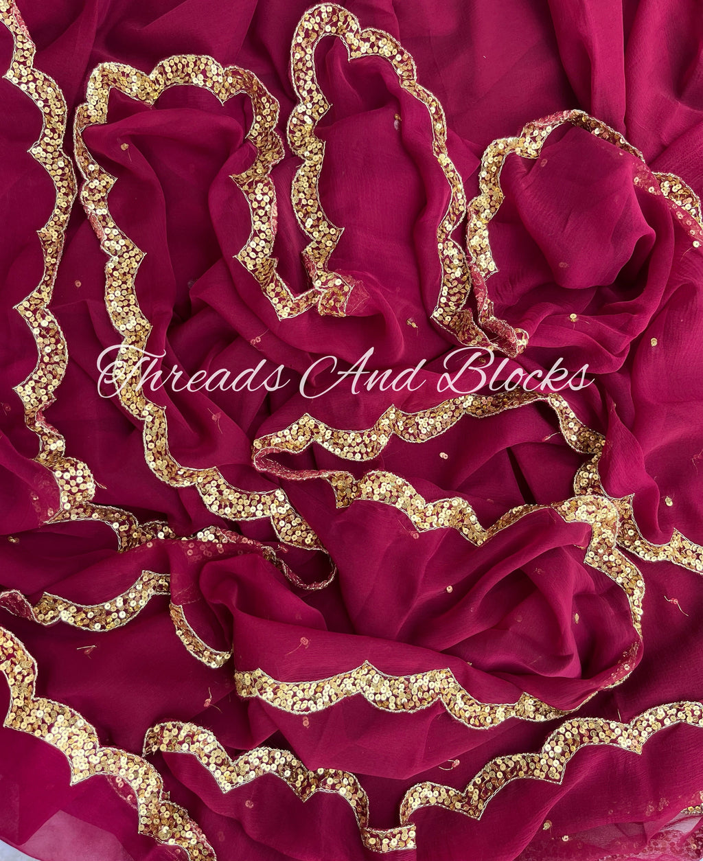 Wine Sequin Mesh Scalloped Border Saree – Threads & Blocks