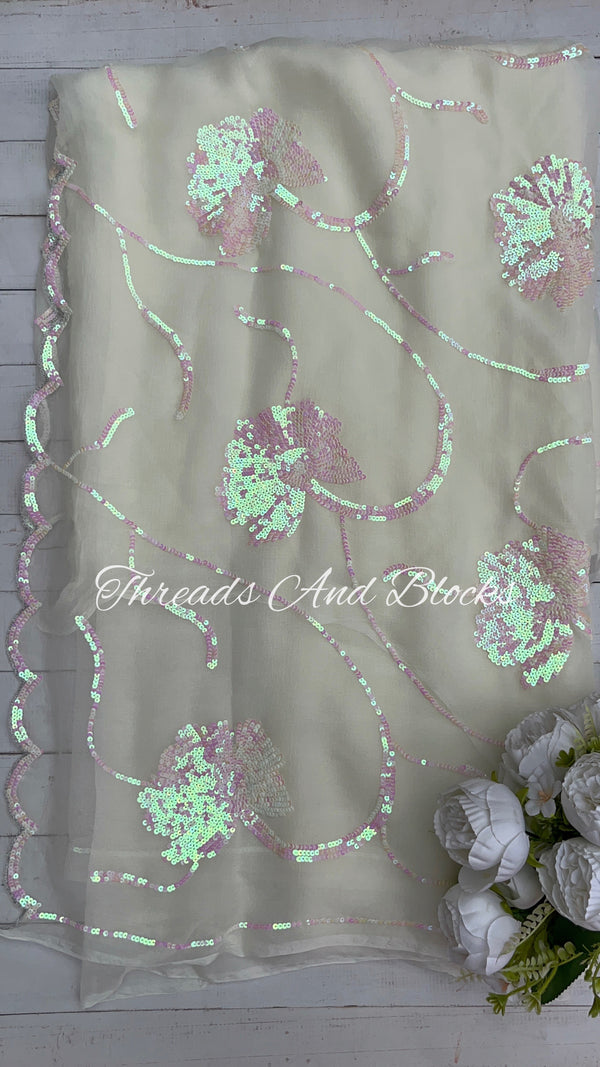 White Sequin Floral Border Saree