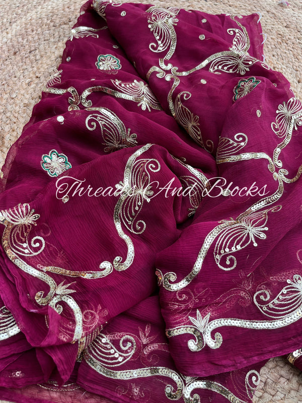 Wine Vintage Heavy Jaal Saree