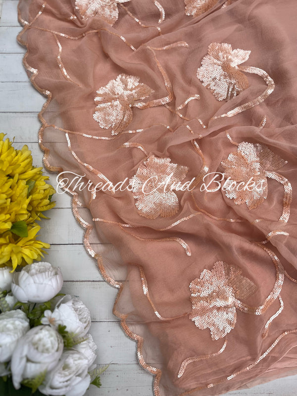 Rose Gold Sequin Floral Border Saree