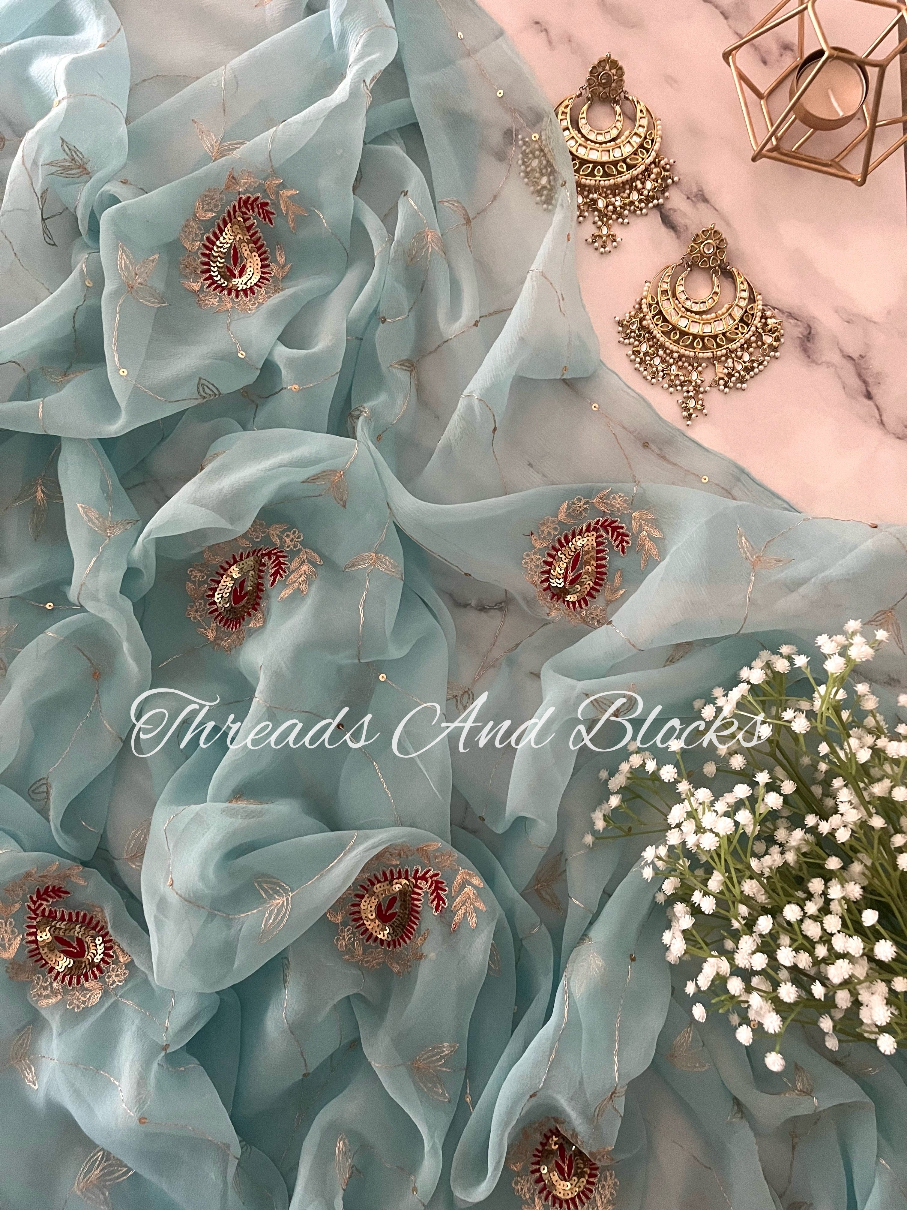 Pastel Blue Paisley Jaal Saree