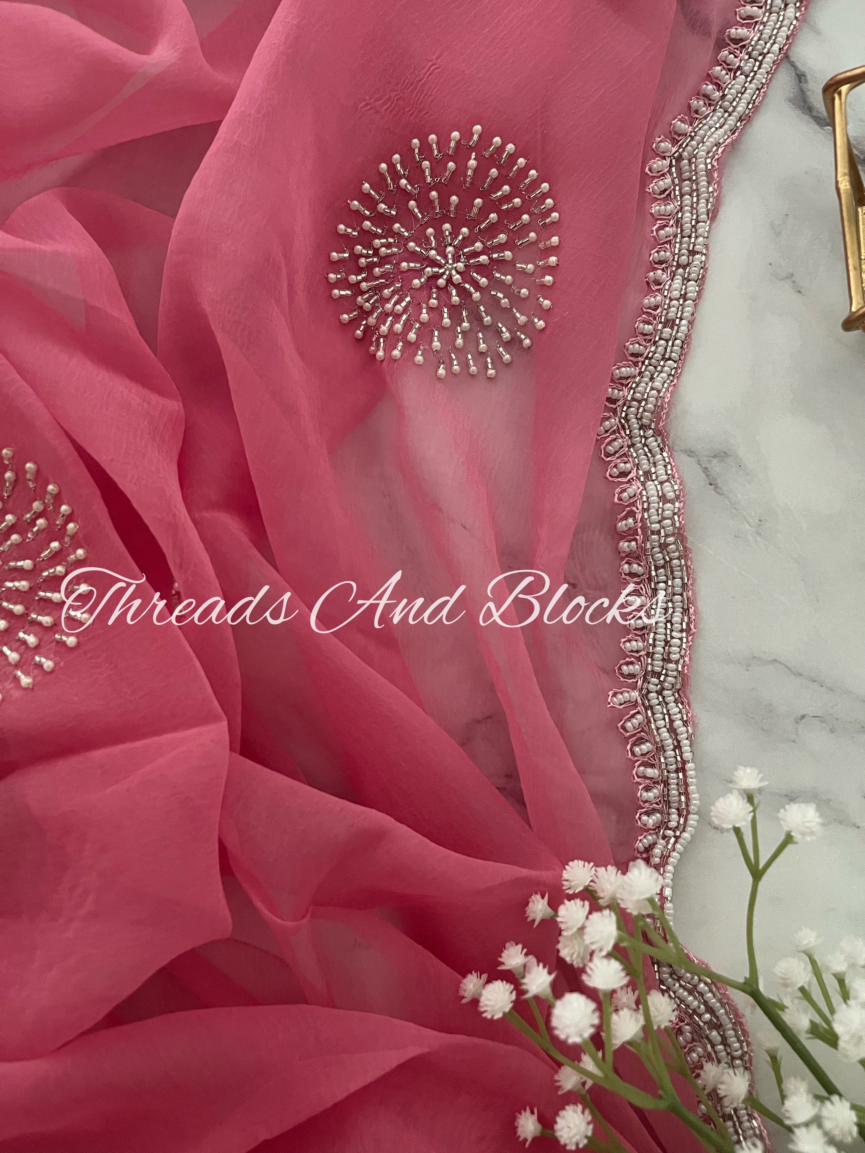 Carnation Pink Pearl Scalloped Border Saree