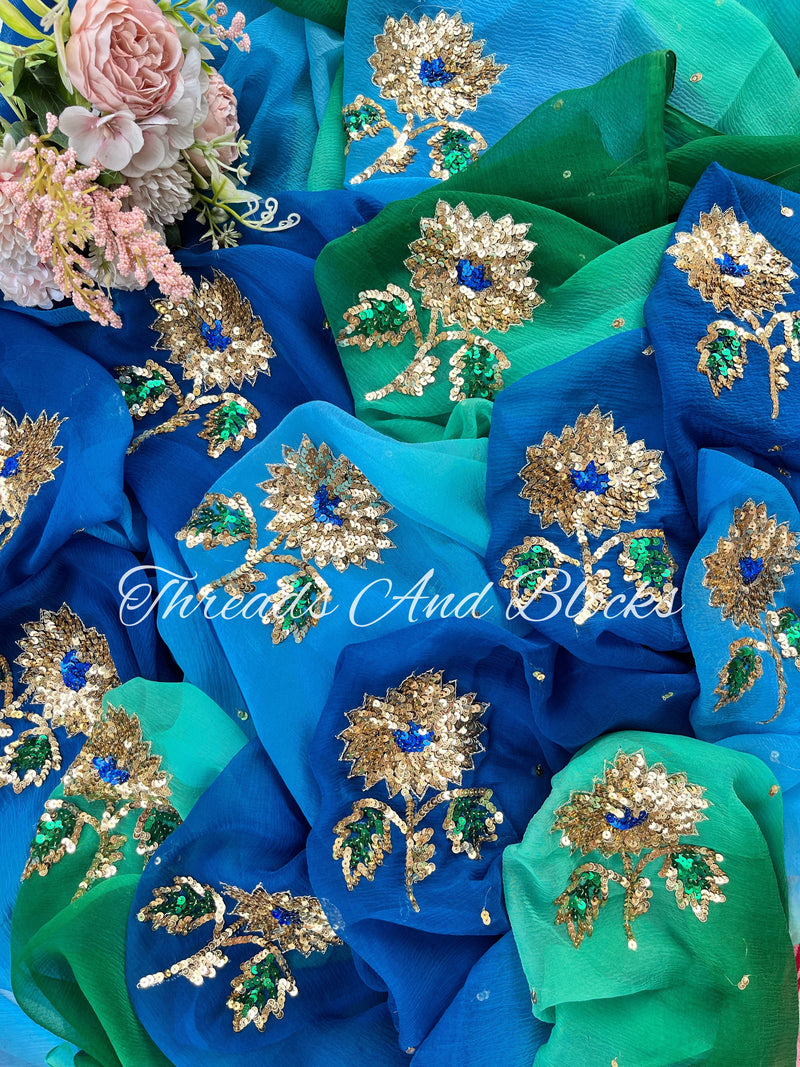 Emerald and Sapphire Floral Buta Saree