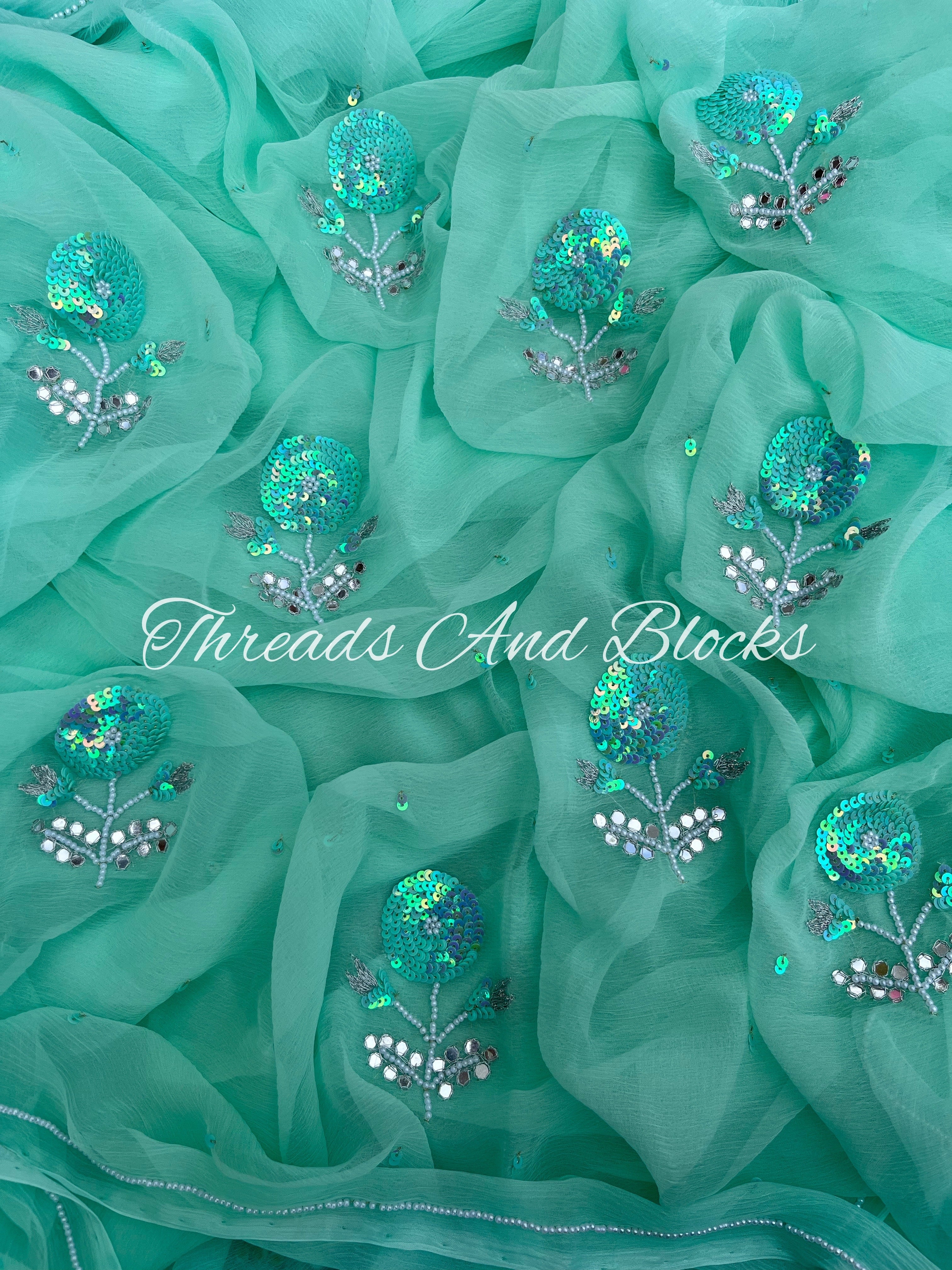 Sea Green Sequin Flower Saree