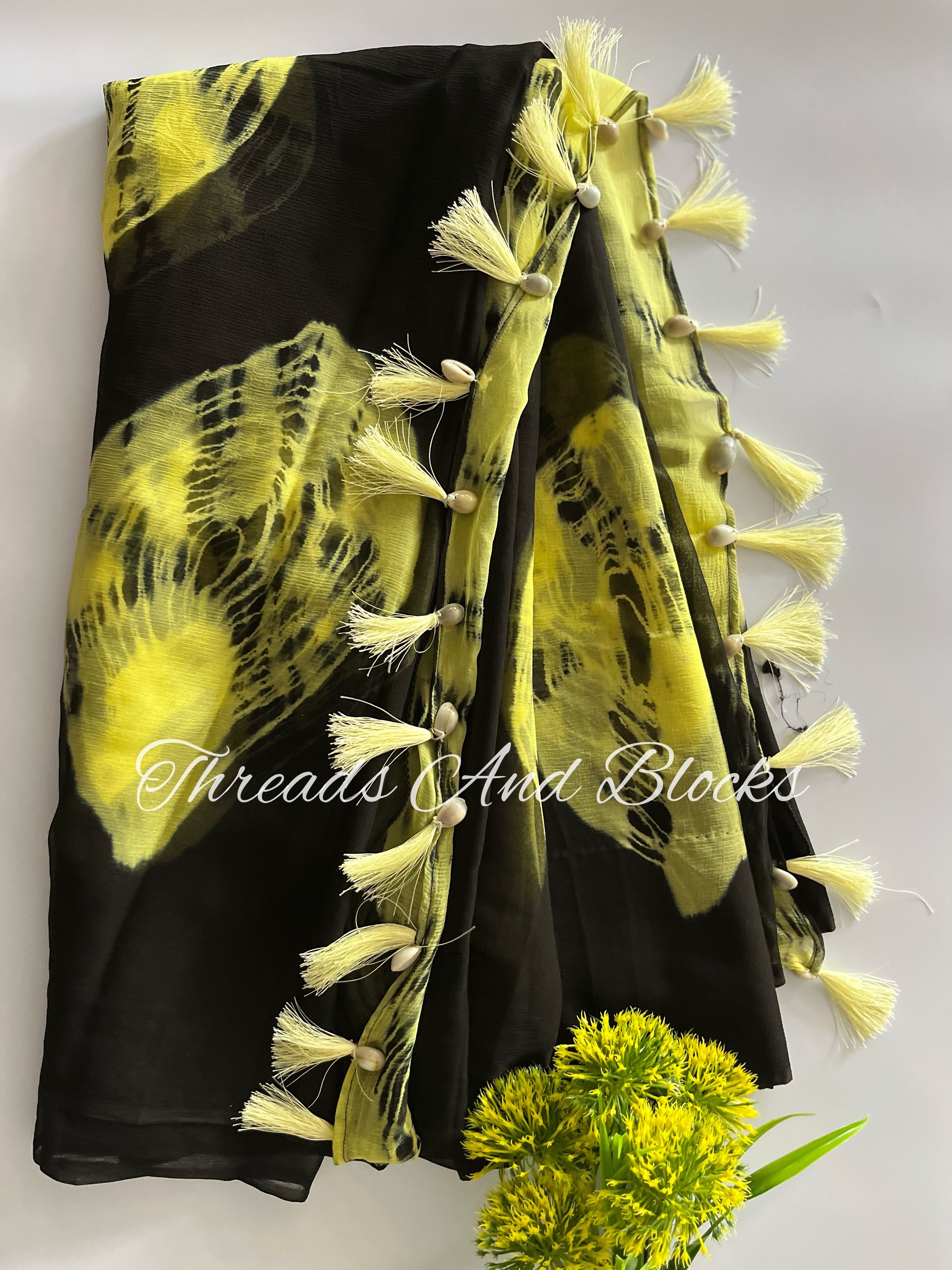 Black and Yellow Shibori Bandhani Saree