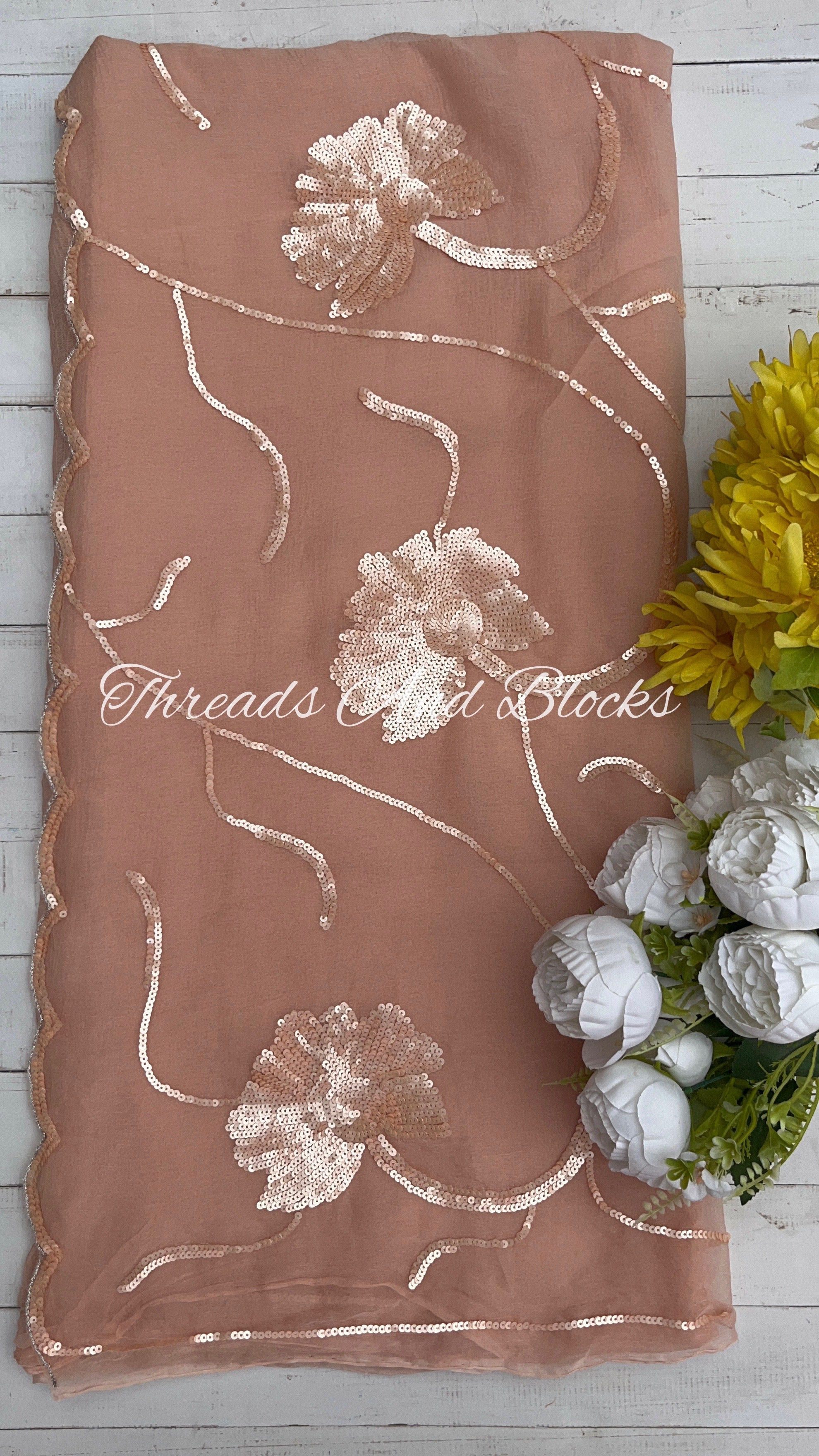 Rose Gold Sequin Floral Border Saree