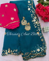 Teal Gotapatti Scalloped Border Saree