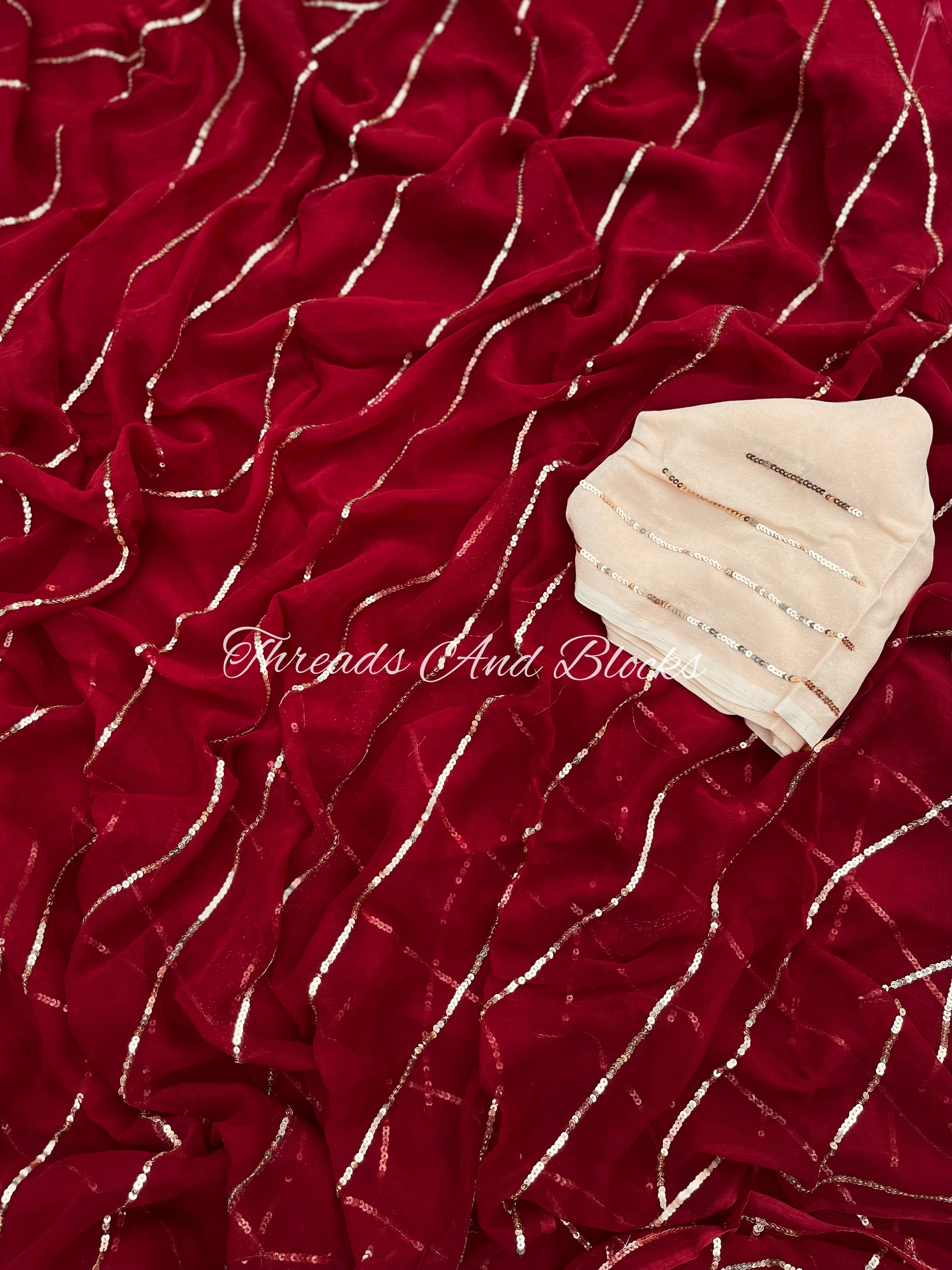 Maroon Sequin Stripes Saree