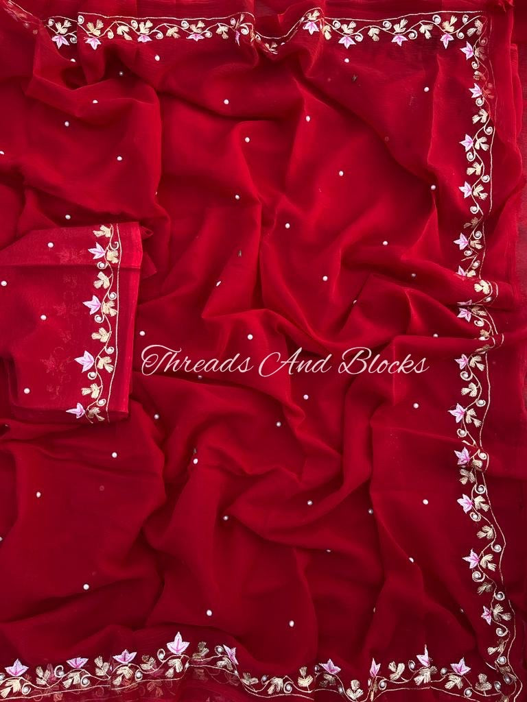 Deep Red Resham Pearl Border Saree