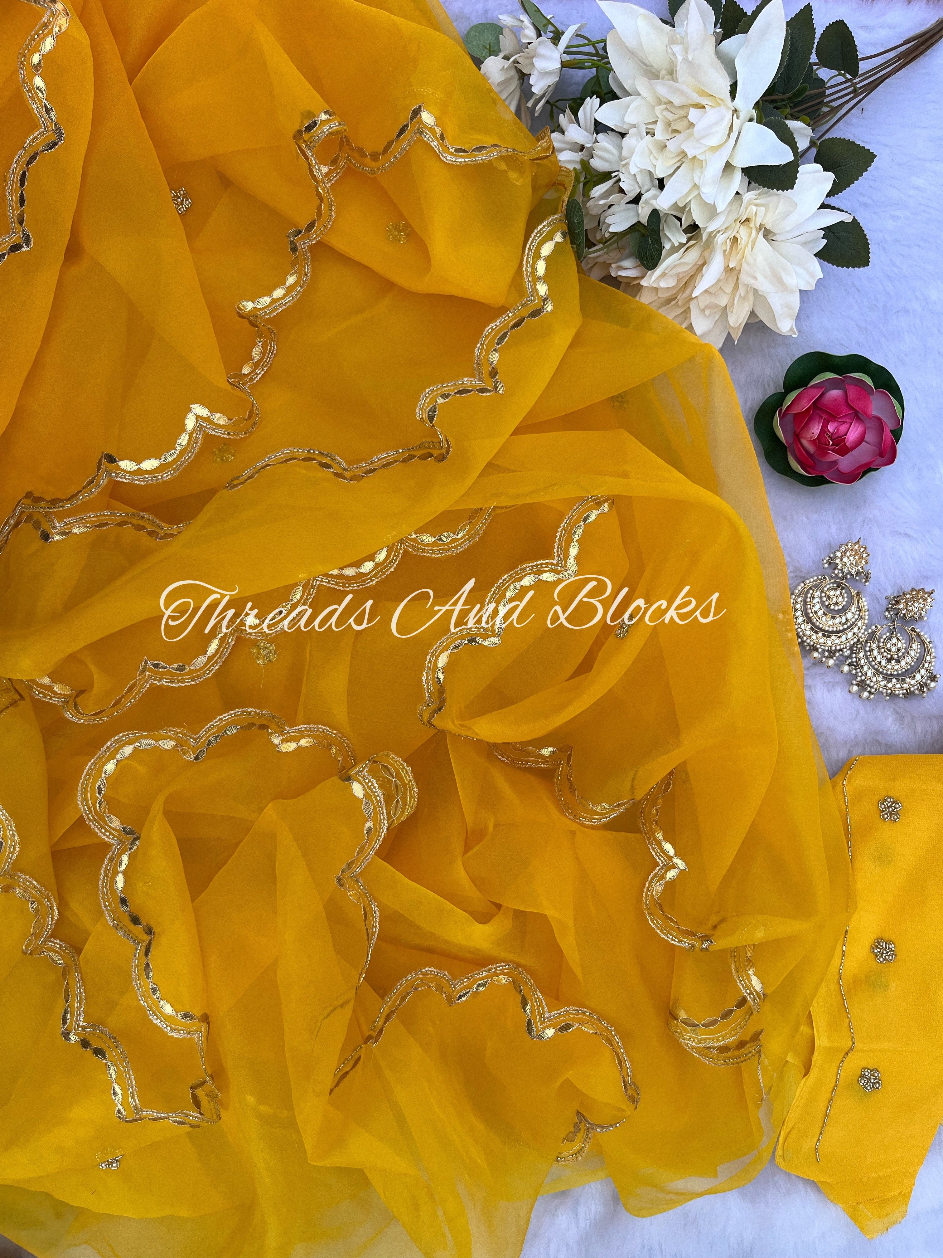 Yellow Cutwork Organza Saree