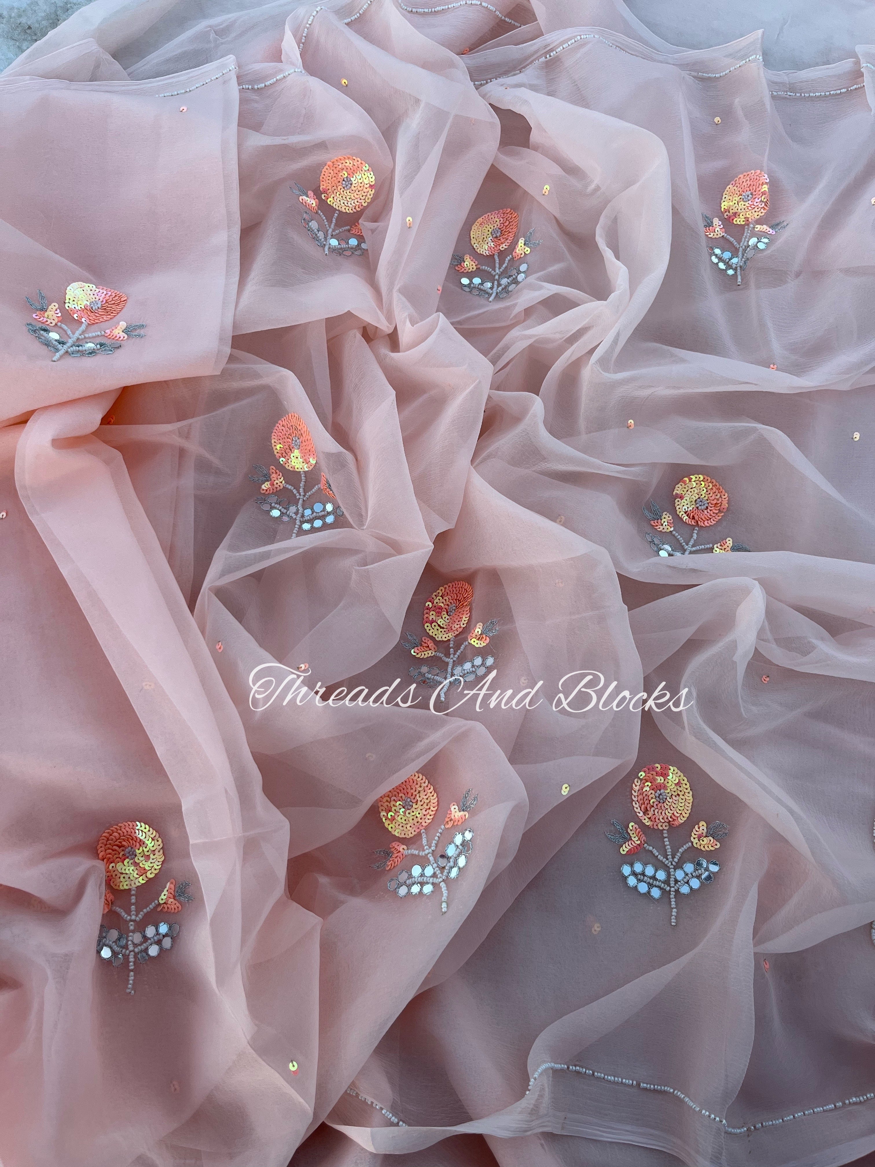 Light Peach Sequin Flower Saree