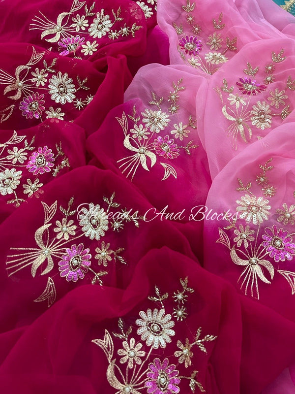 Ombré Pink Floral Bouquet Saree