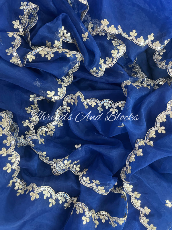 Blue Organza Scalloped Border Saree