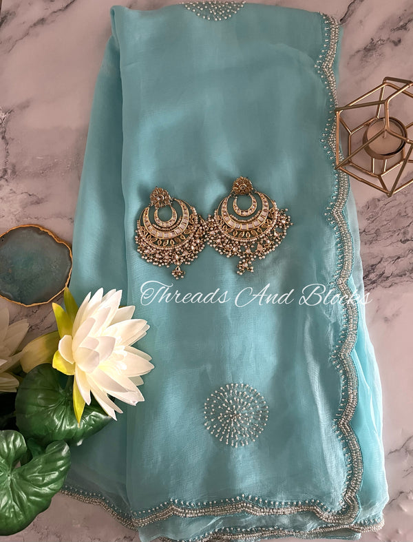 Pastel Blue Pearl Scalloped Border Saree