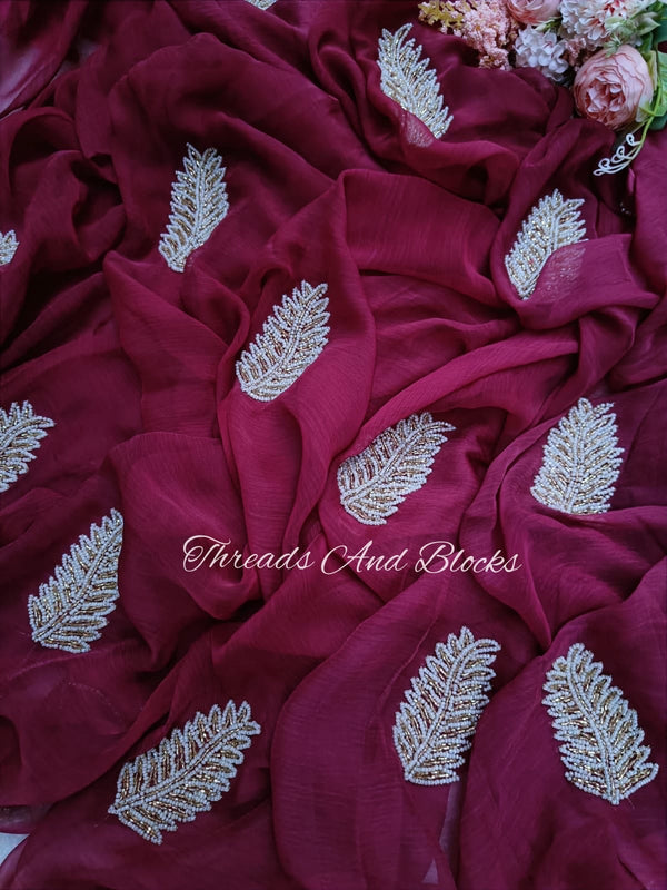 Wine Pearl Leaf Saree