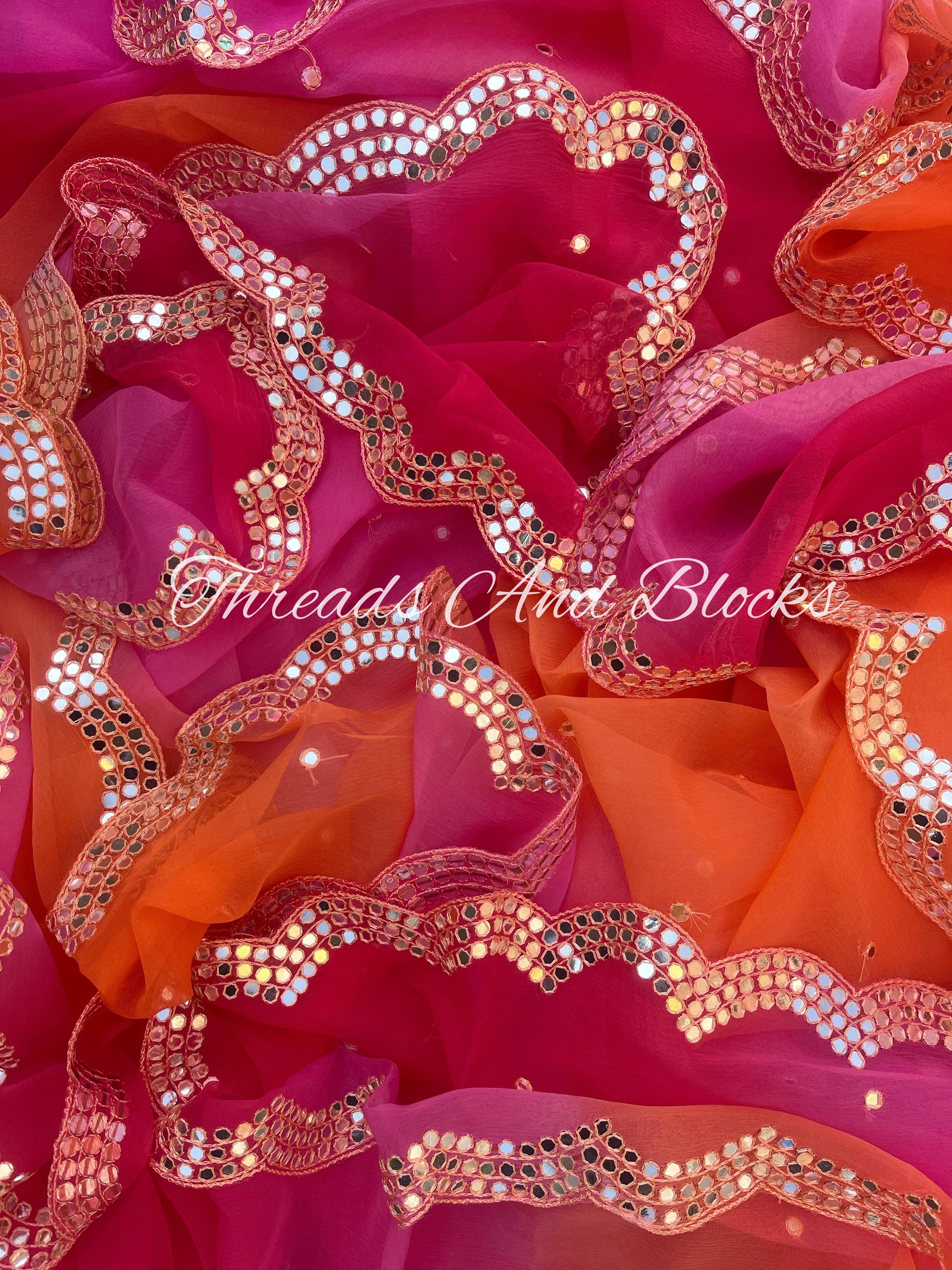 Red Pink Orange Scalloped Border Saree