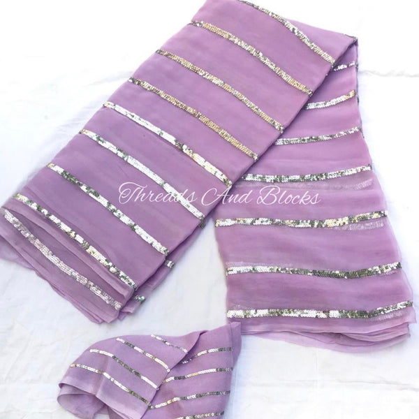 Lavender Sequins Stripes Saree