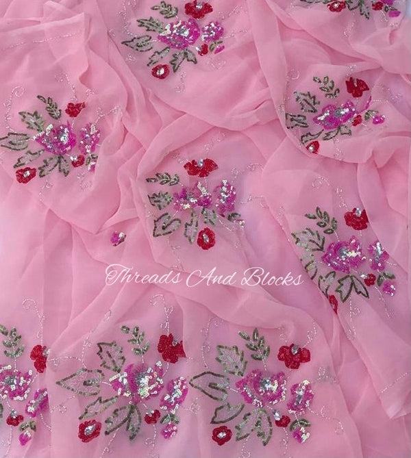 Pink Sequin Floral Bouquet Saree