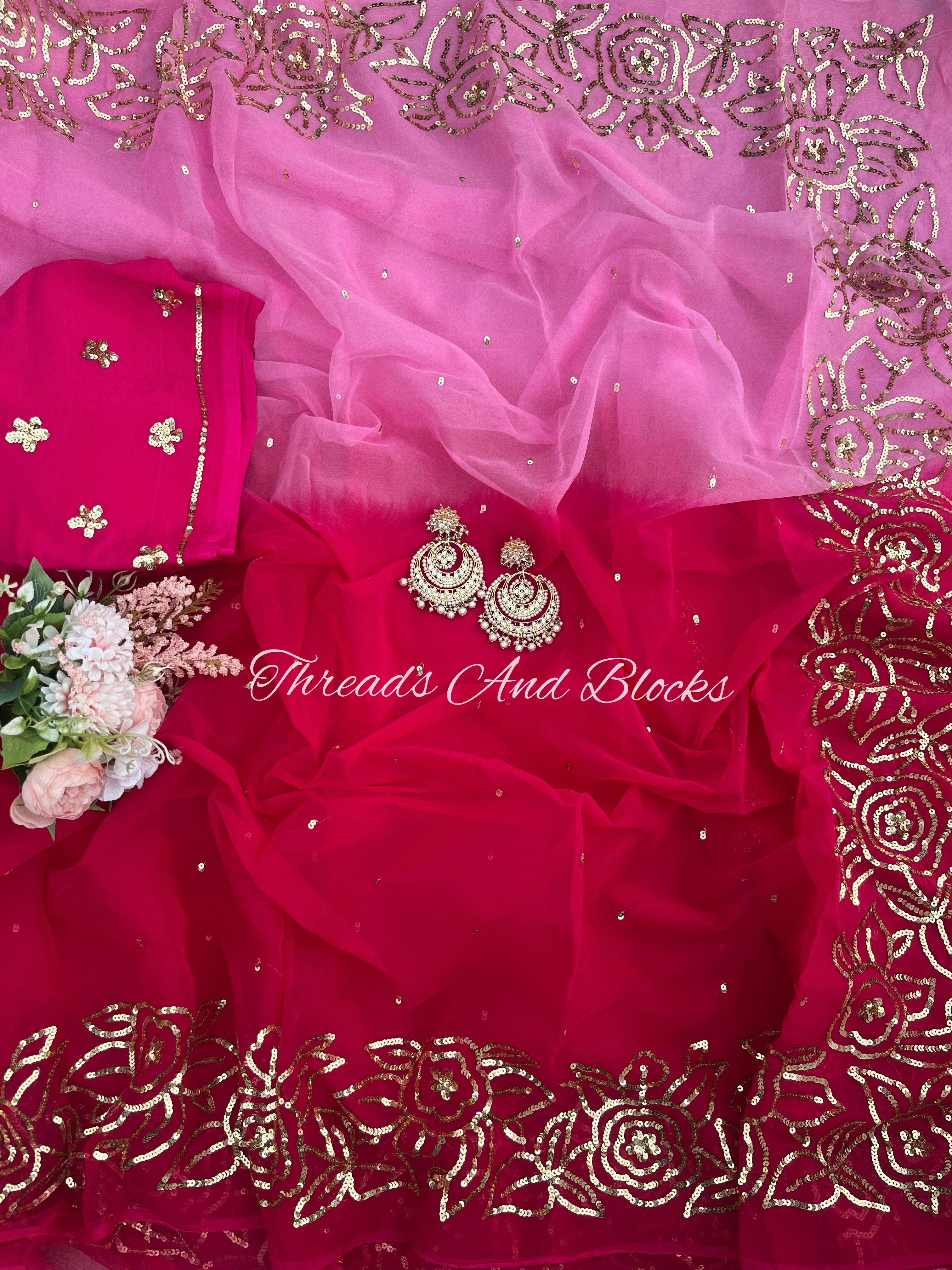 Shaded Pink Rose Border Saree