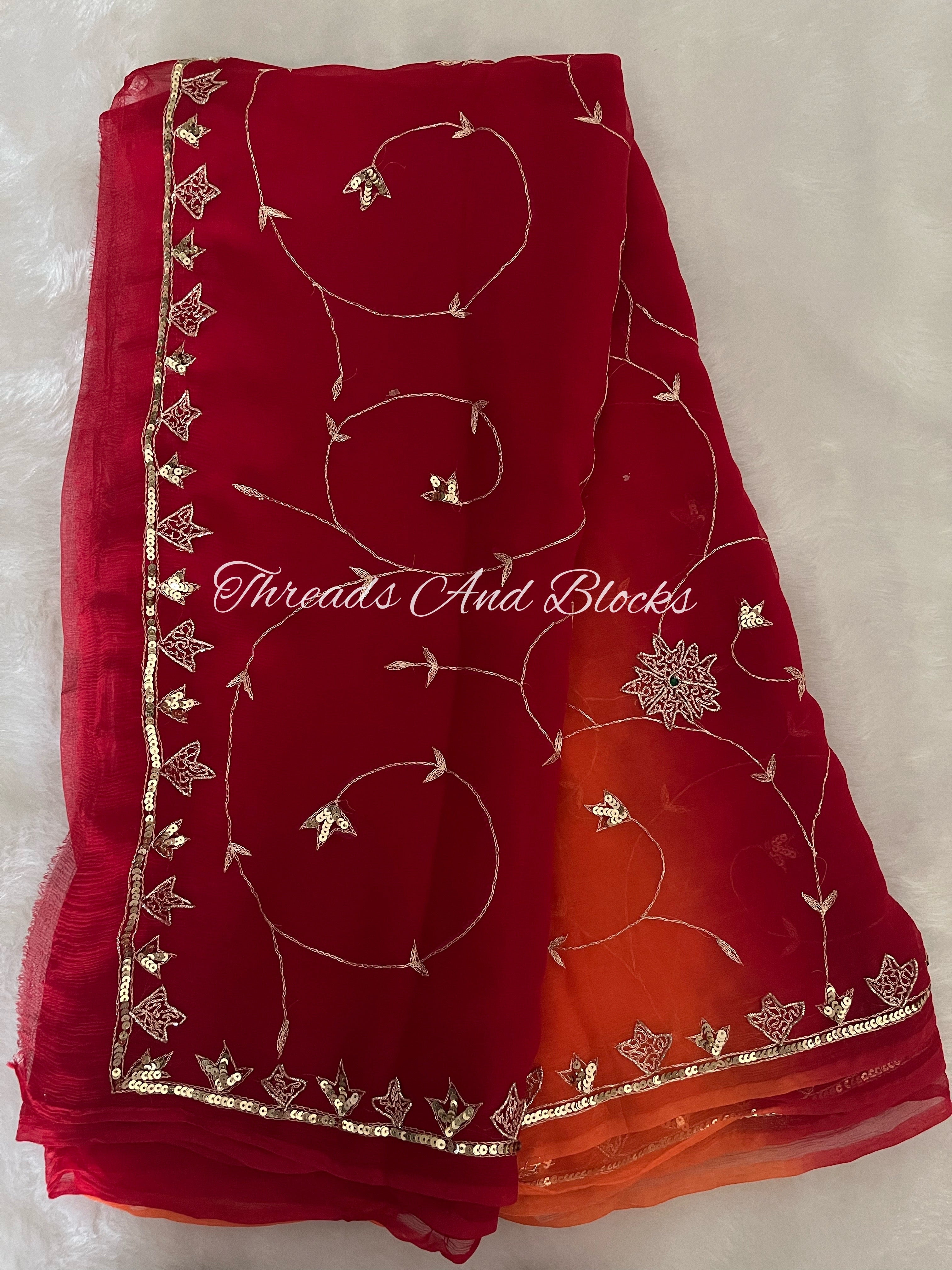 Orange Red Vintage Floral Jaal Saree