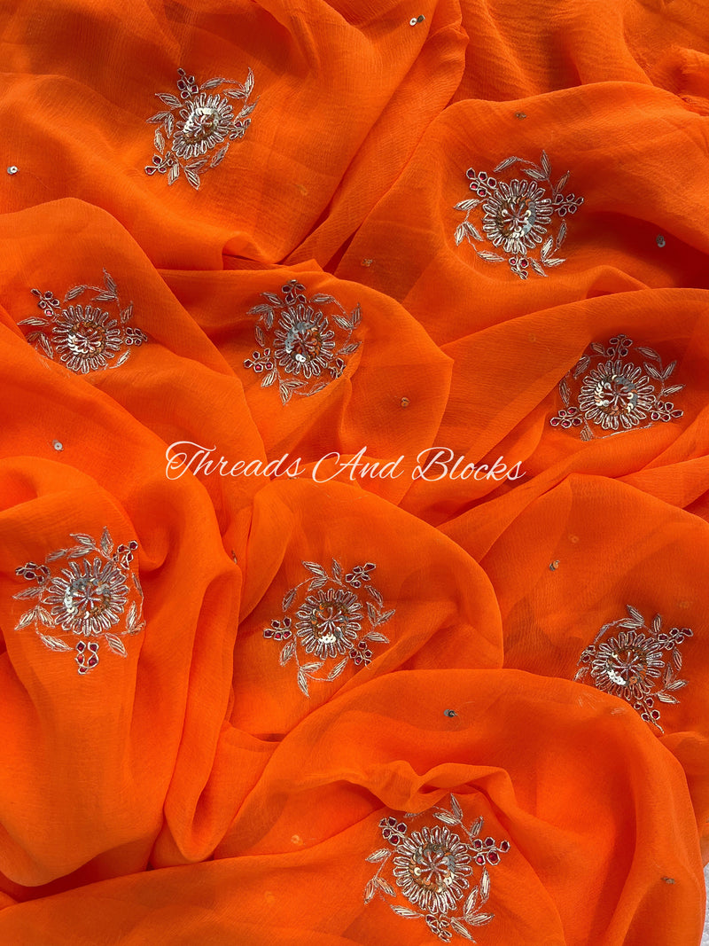 Orange Zari Floral Buta Saree