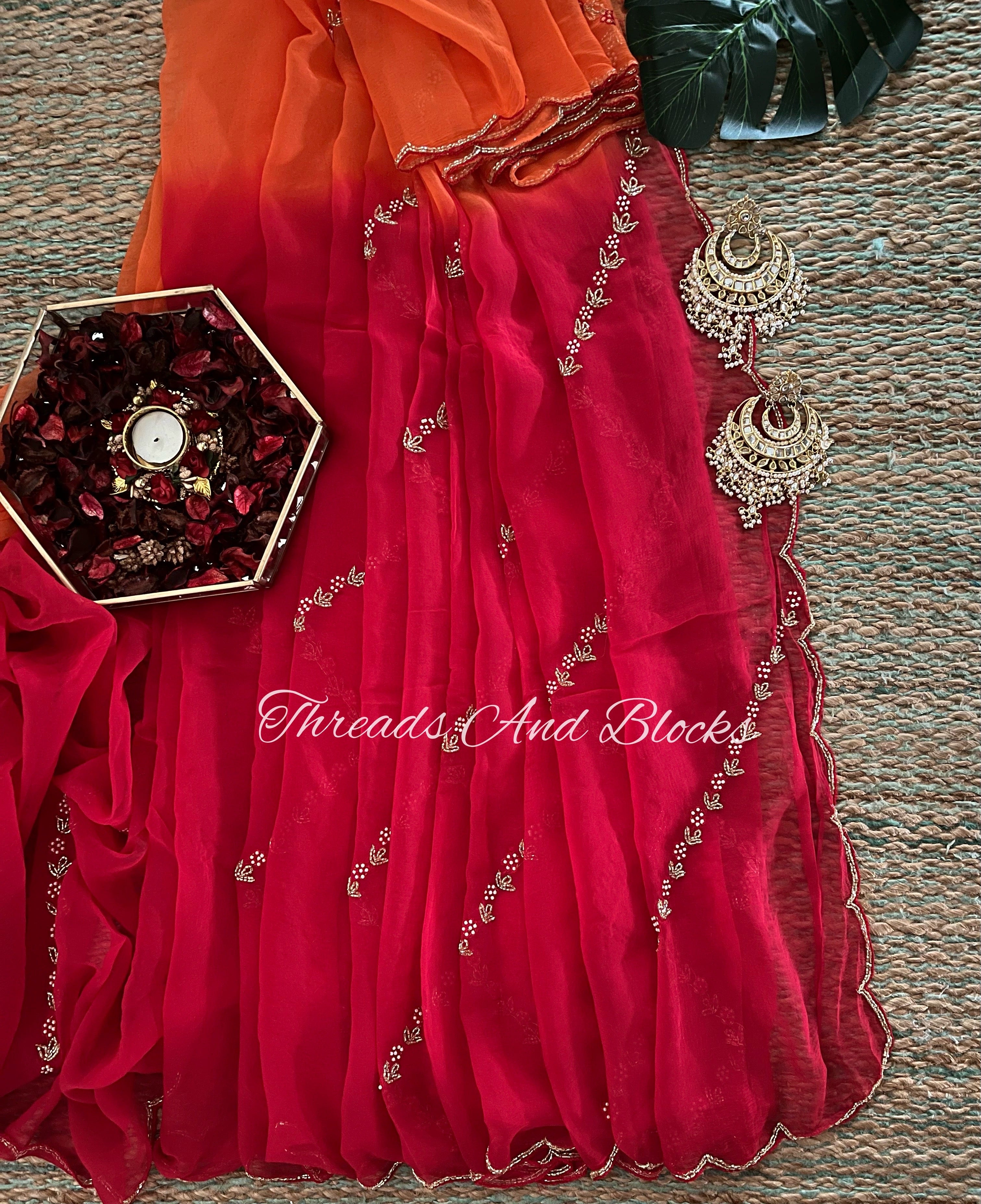 Orange Red Pearl Stripes Saree