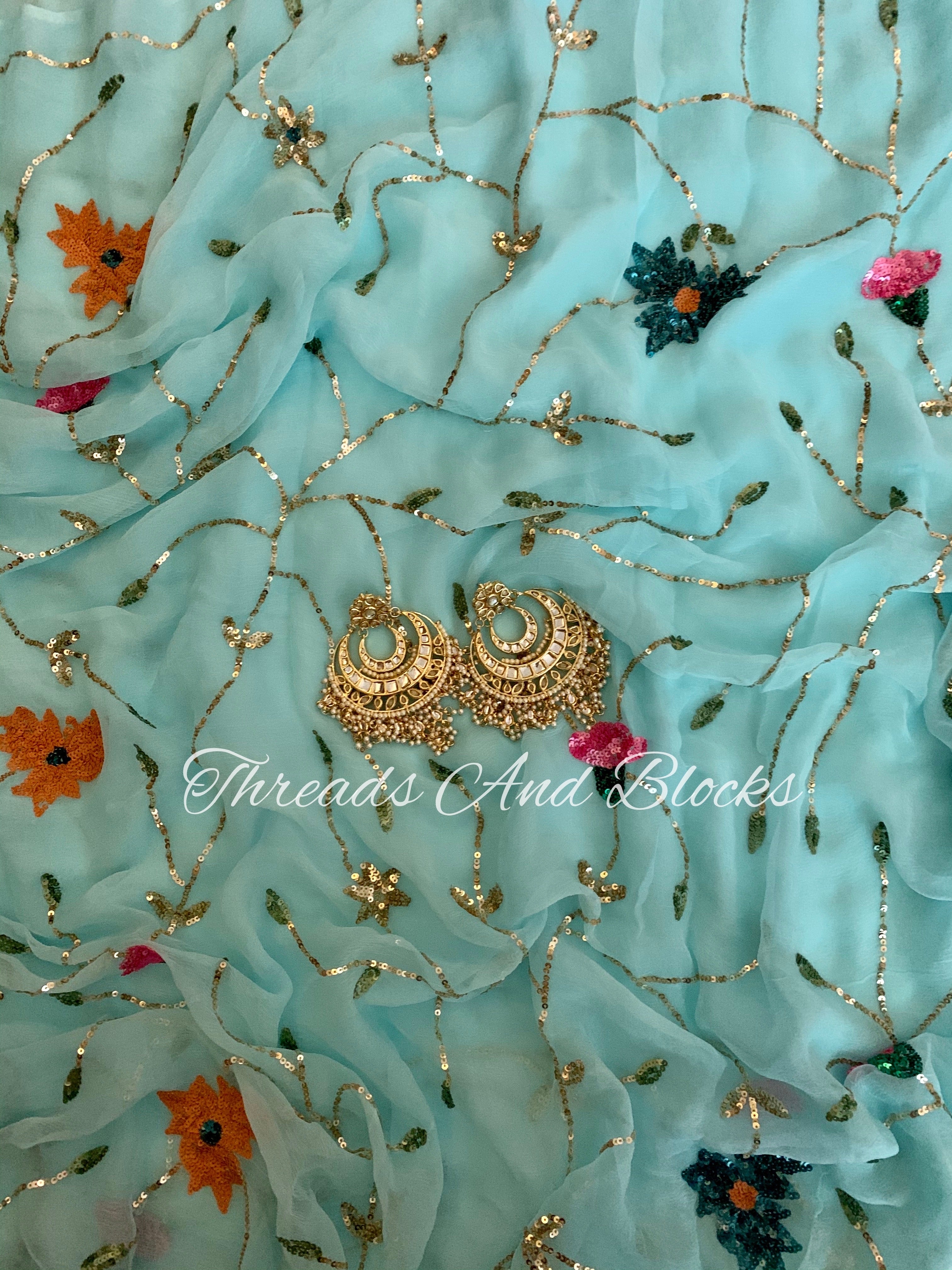 Sky Blue Colourful Floral Jaal Saree