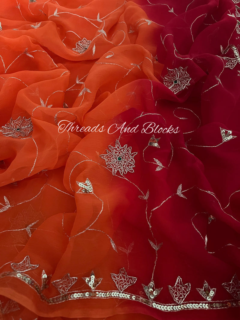 Orange Red Vintage Floral Jaal Saree