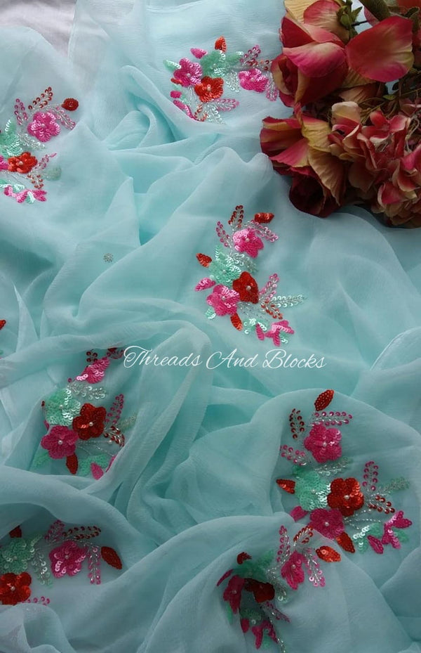 Pastel Blue Sequin Floral Buta Saree