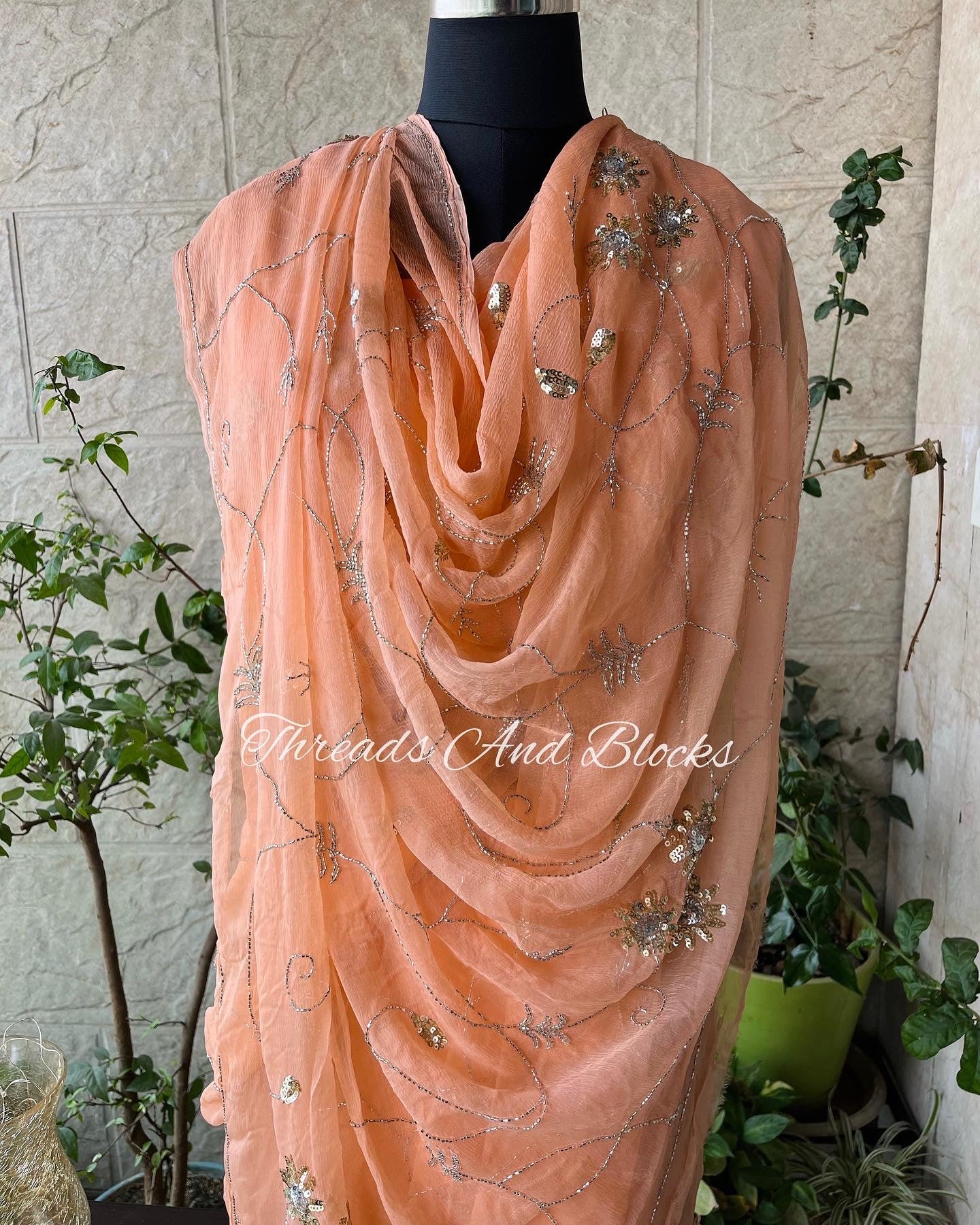 Sunehri Peach Jaal Saree