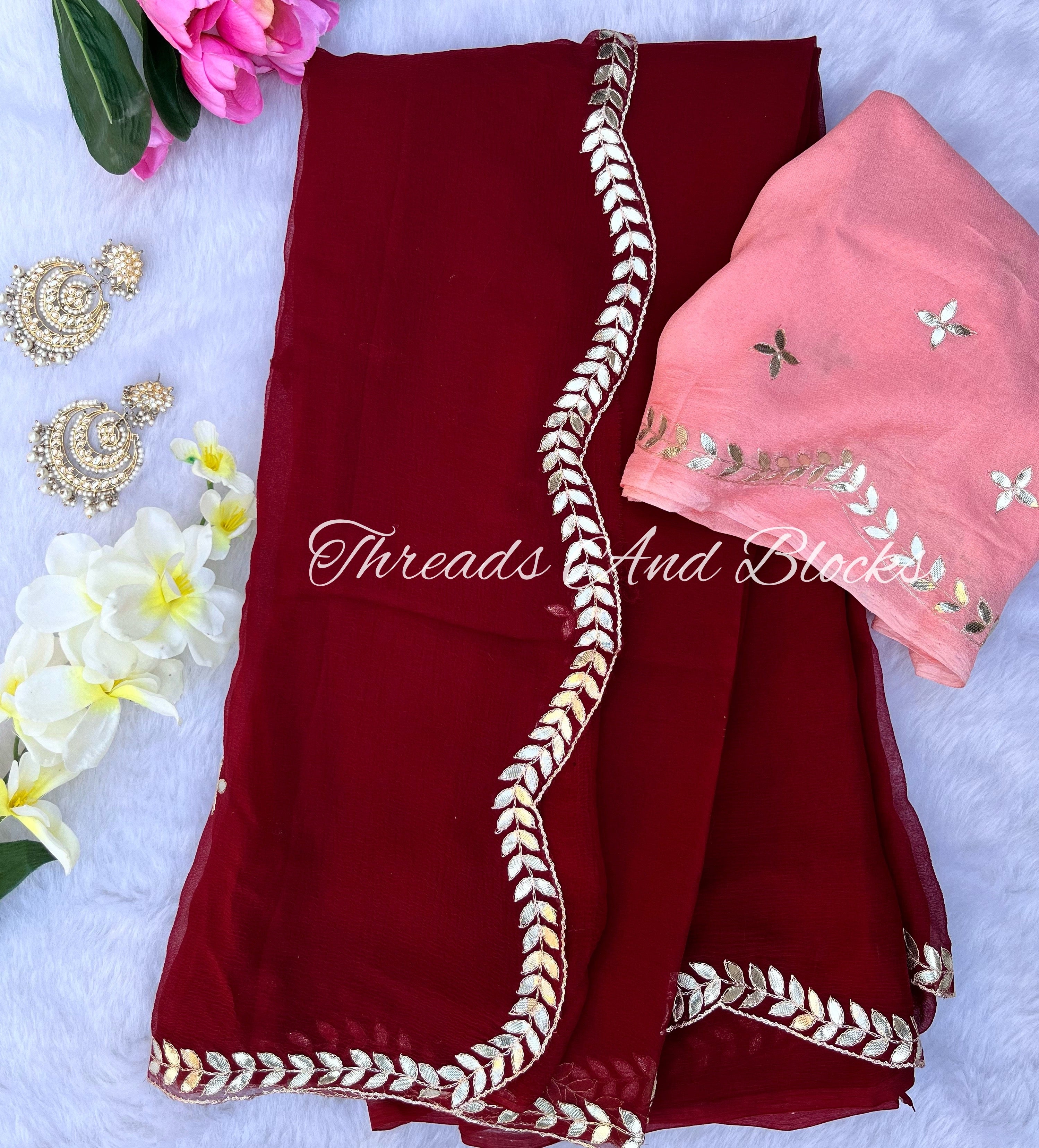 Marsala Gotapatti Scalloped Border Saree