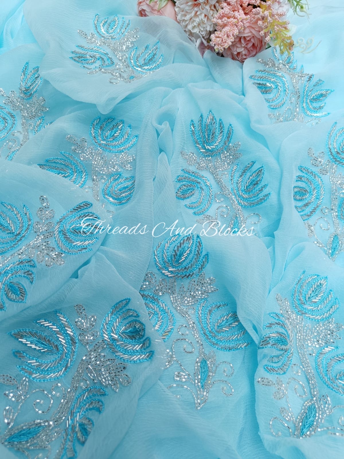 Blue Tulip Bouquet Saree