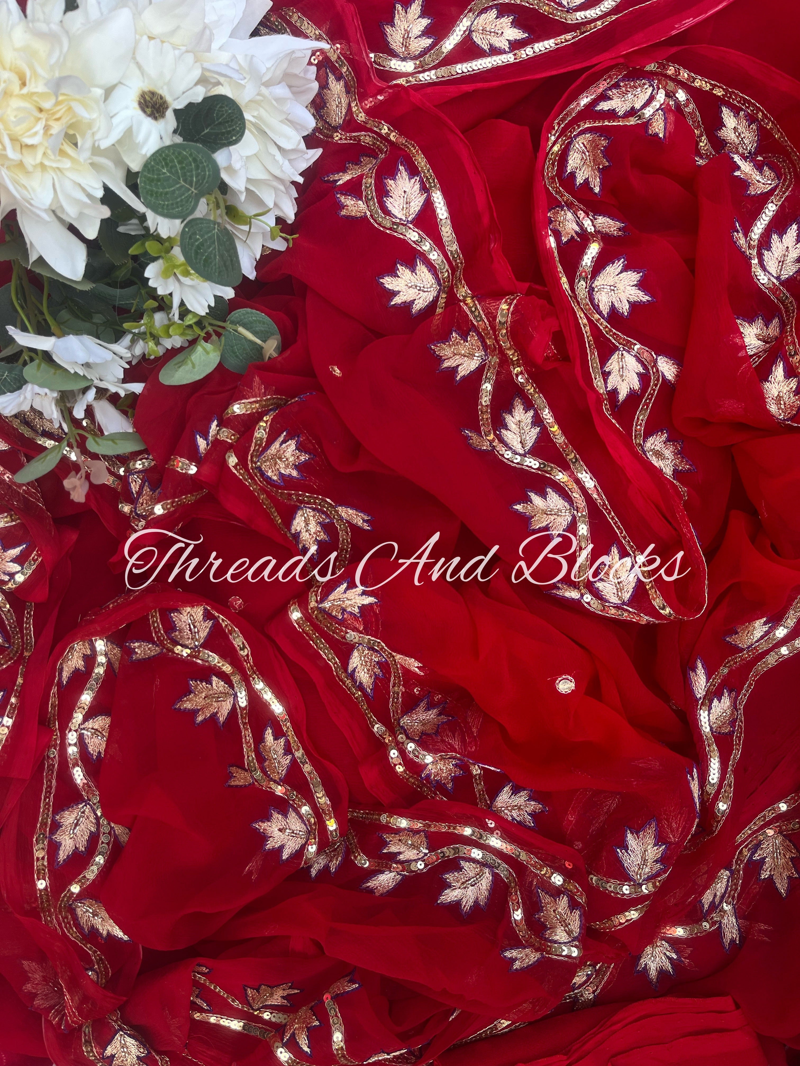 Red Leaf Bel Border Saree