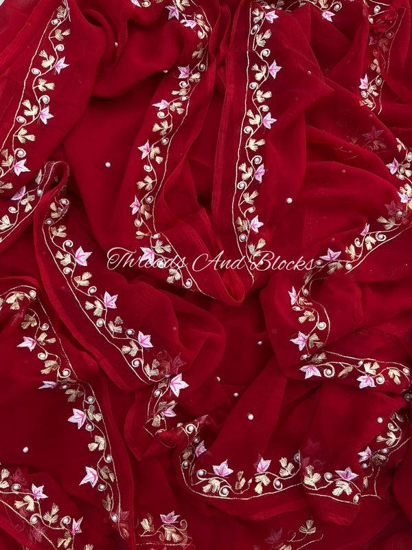 Deep Red Resham Pearl Border Saree