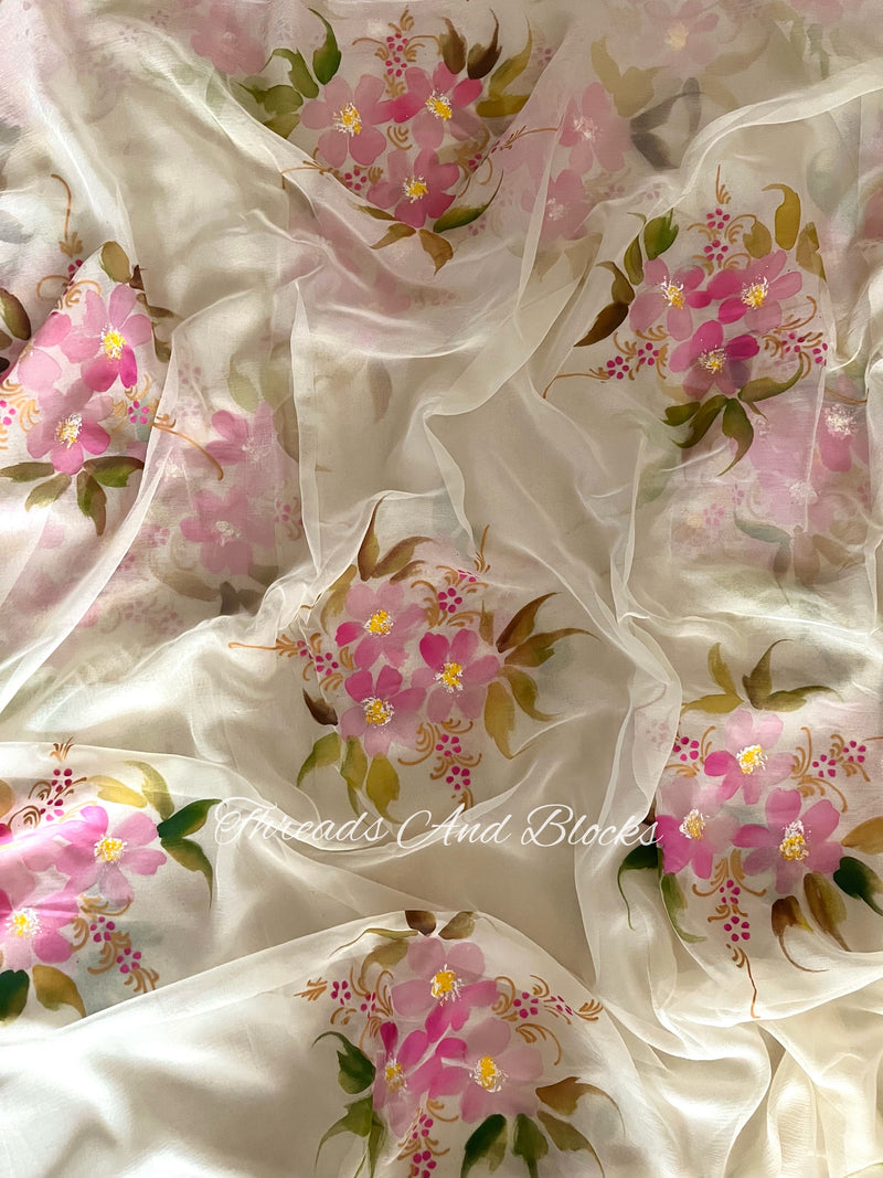 Pink Poppies Hand Painted Saree