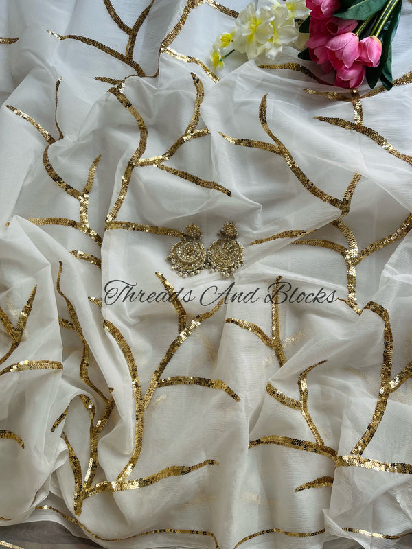 White and Gold Cocktail Jaal Saree