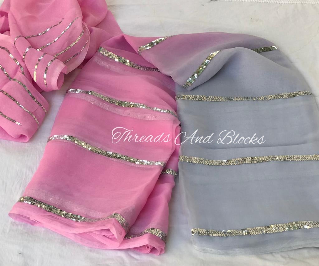 Pink Grey Sequins Cocktail Saree