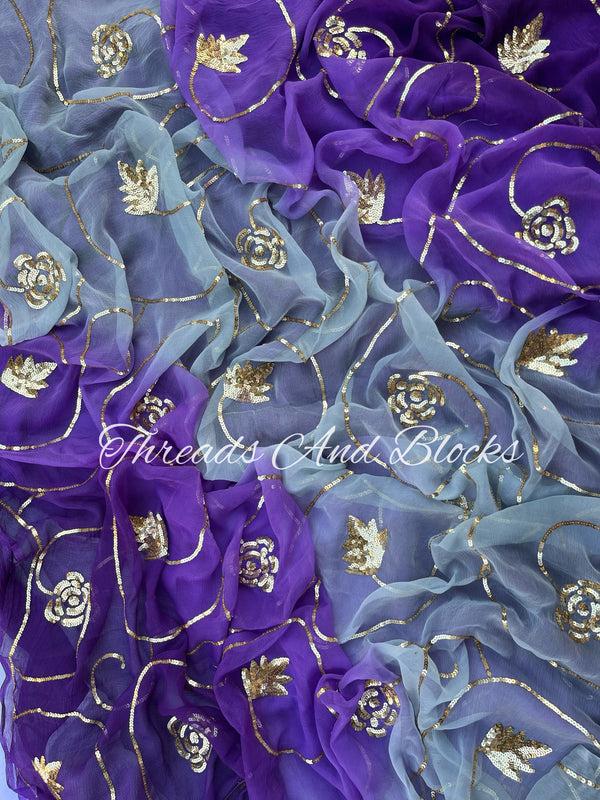 Grey Purple Rose Valley Jaal Saree