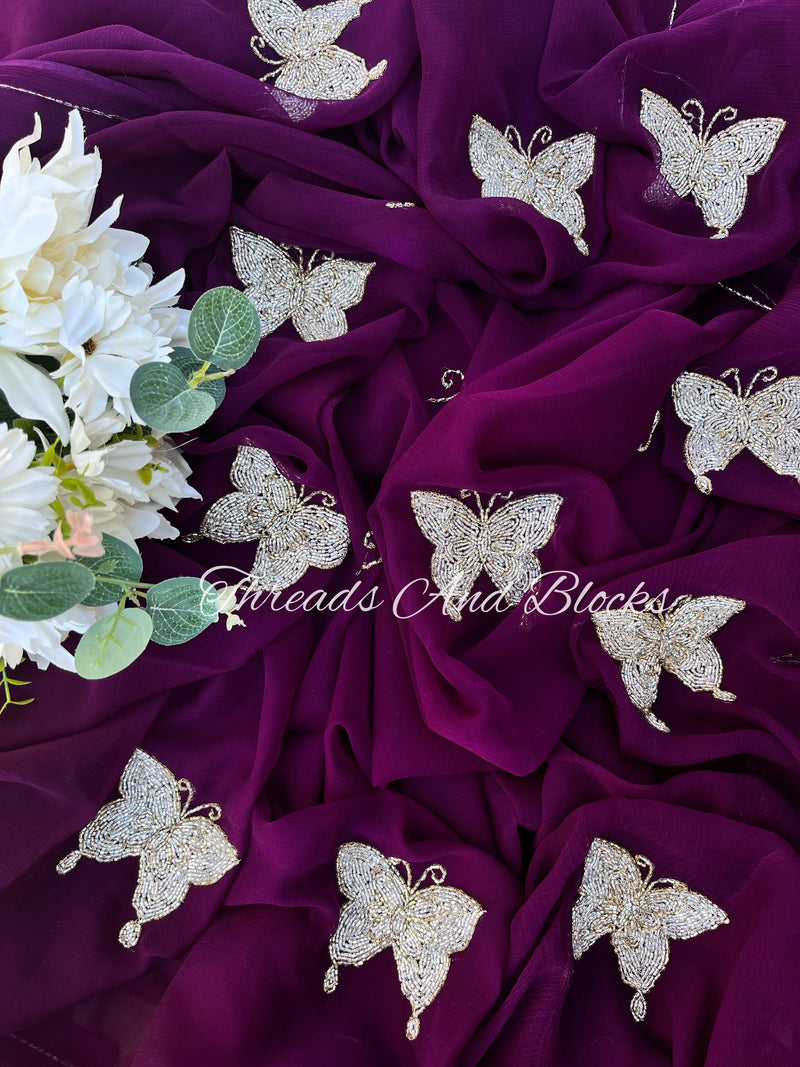 Purple Butterfly Chiffon Saree