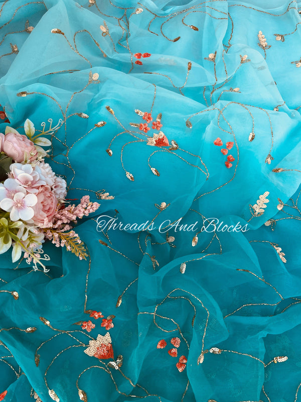 Ombré Blue Floral Jaal Saree